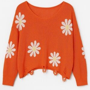 POL Orange Daisy Distressed Lightweight Sweater